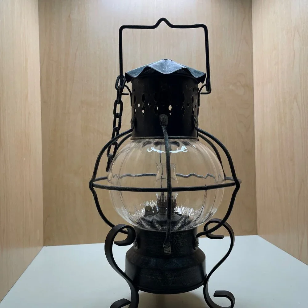 Rare Antique-Style 3 Piece Black Metal & Glass Lantern With Decorative Stand and